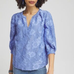 Chico's Periwinkle Jacquard Floral Textured Split-Neck Peasant Blouse